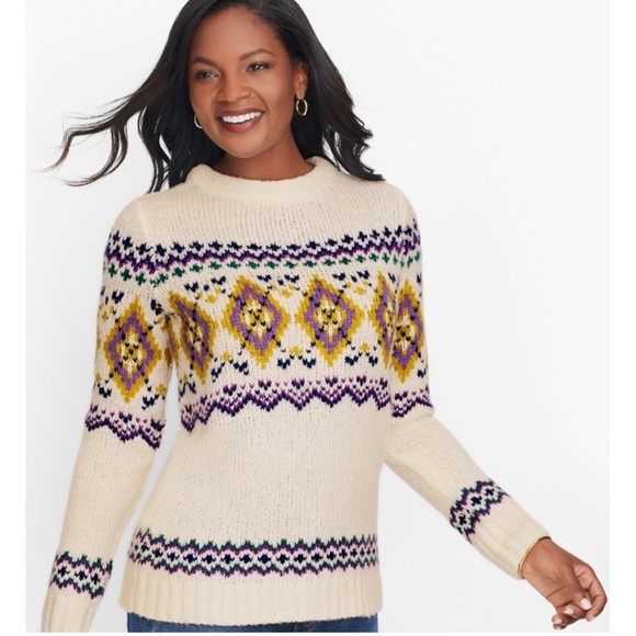 NWT Talbots Fair Isle Argyle Crewneck Knit Sweater Preppy Boho Wool Cream Small - Picture 1 of 10